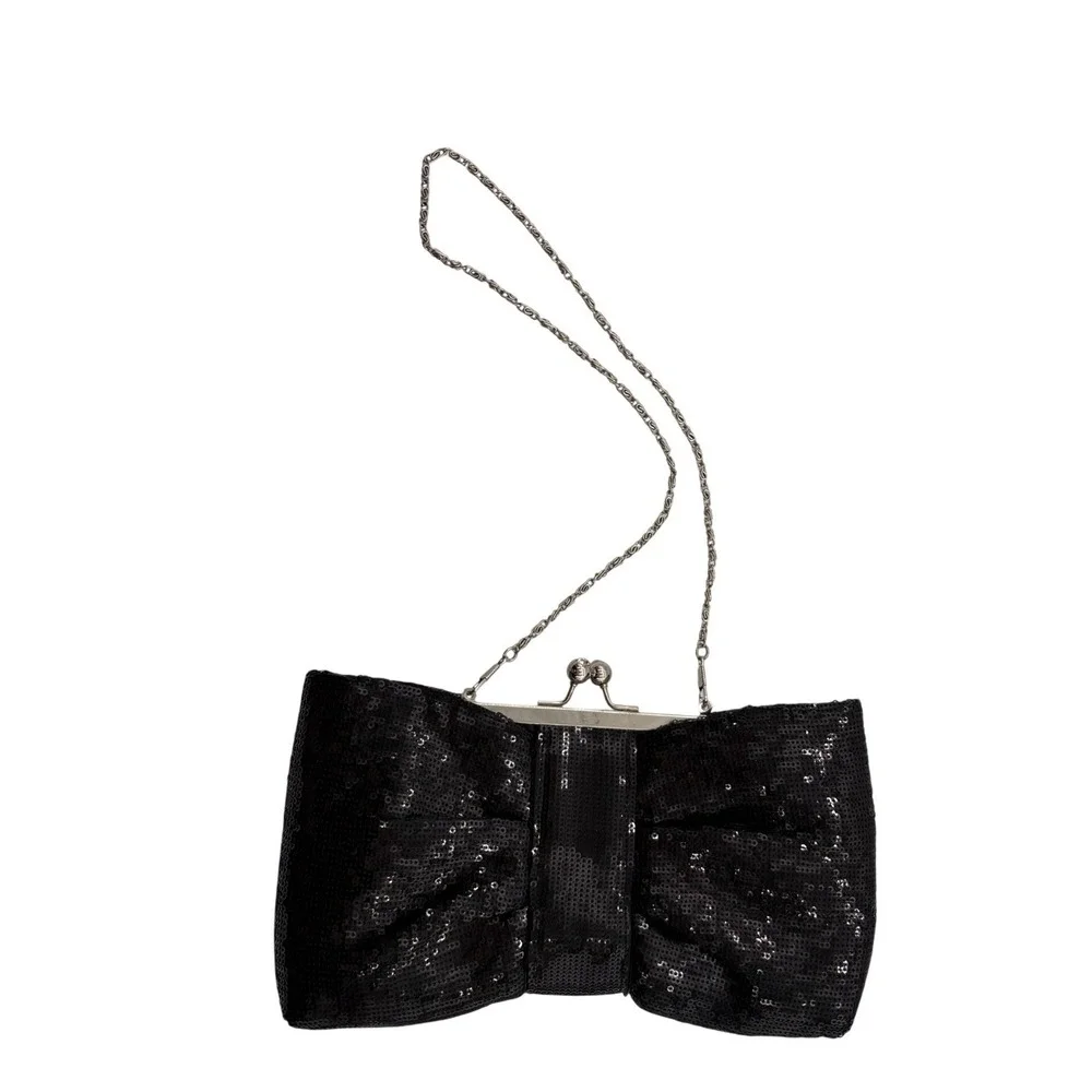 Black Sequin Bow Clutch Evening Bag Kiss Lock Frame Chain Strap Bridal Formal